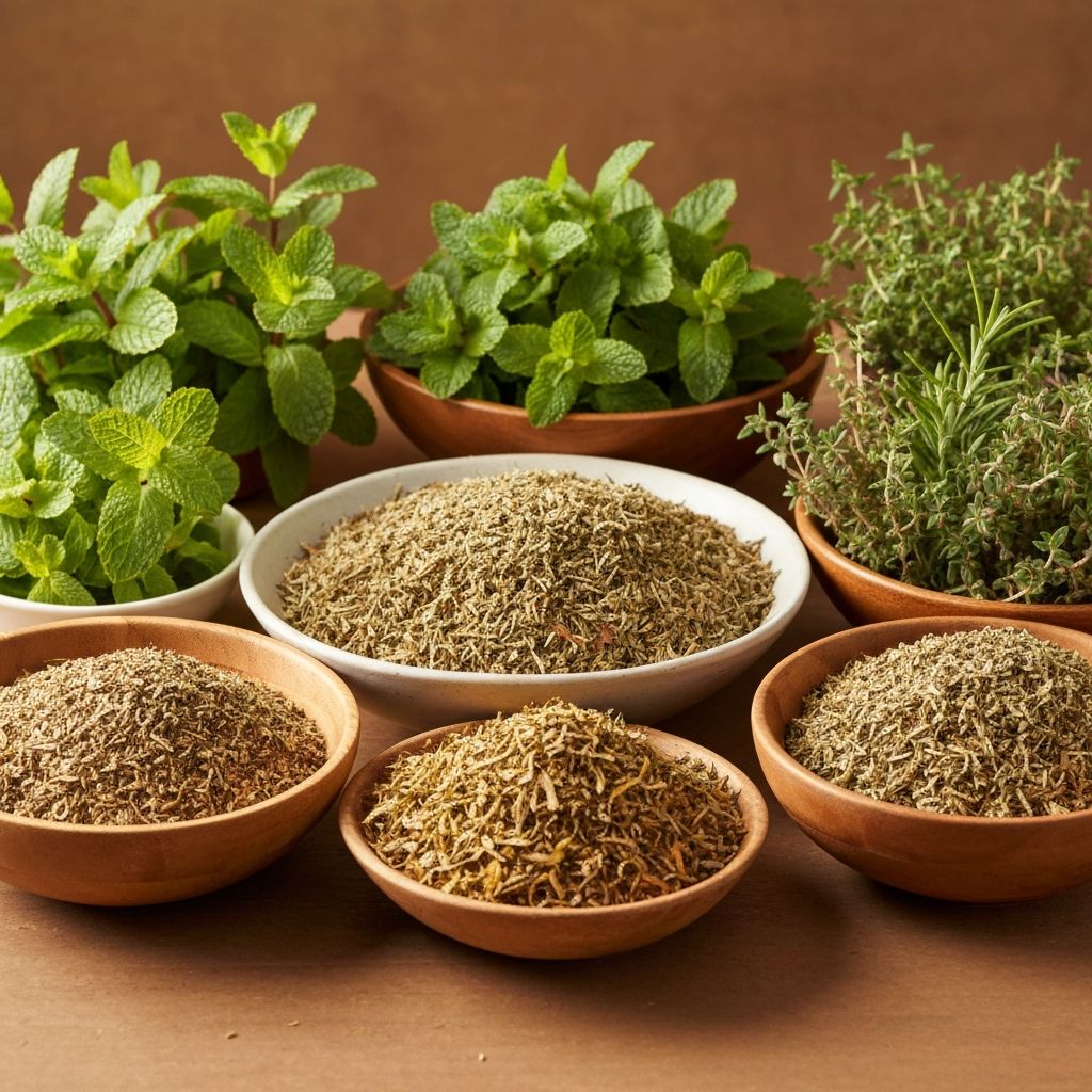 Array of fresh and dried herbs
